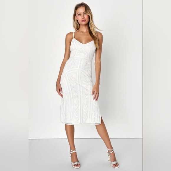 Lulus Alluring Interest White Sequin Embroidered Sleeveless Midi Dress S Wedding - Picture 2 of 11